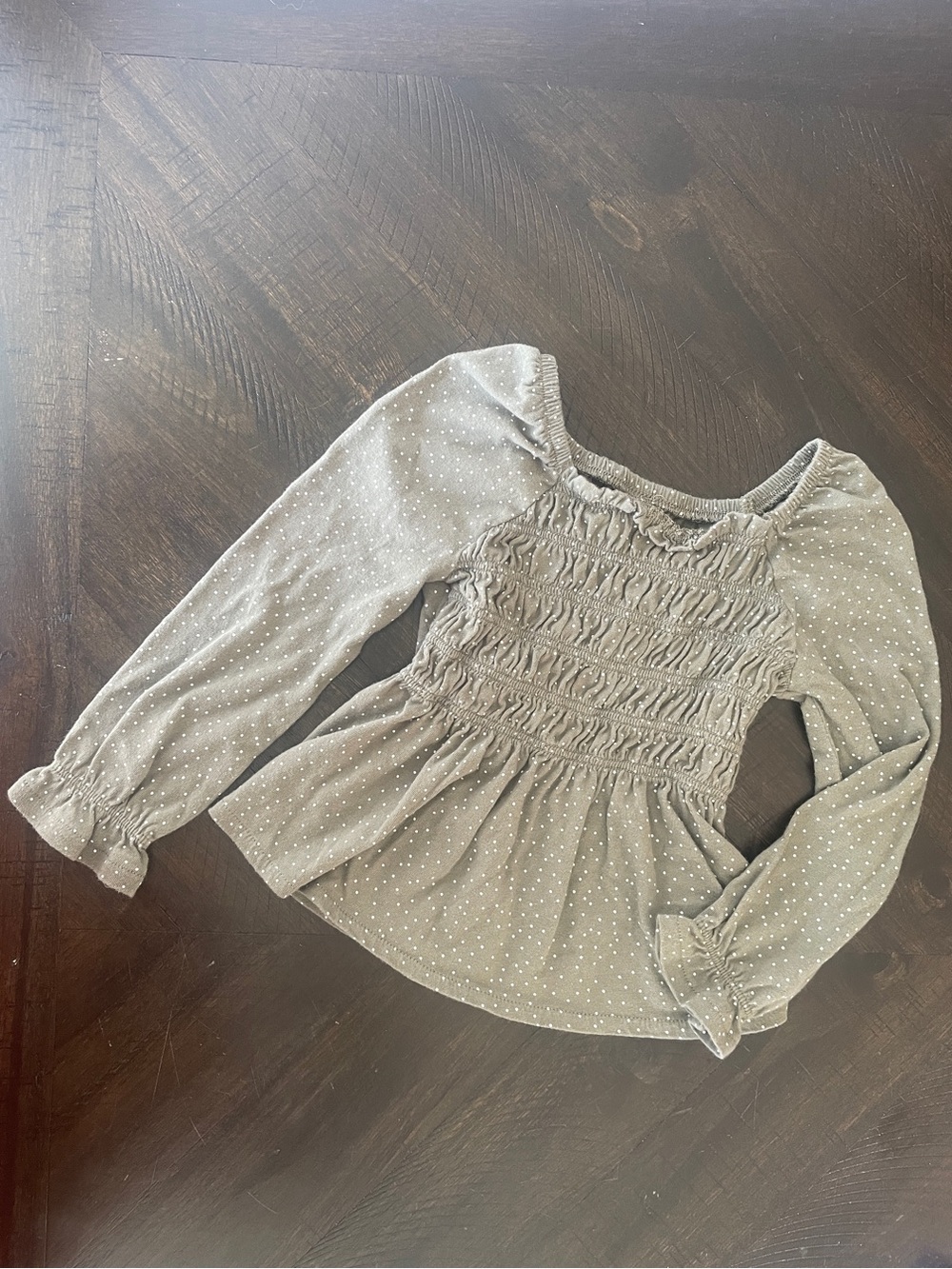 GAP Olive Green Smocked Peplum Blouse with White Dots